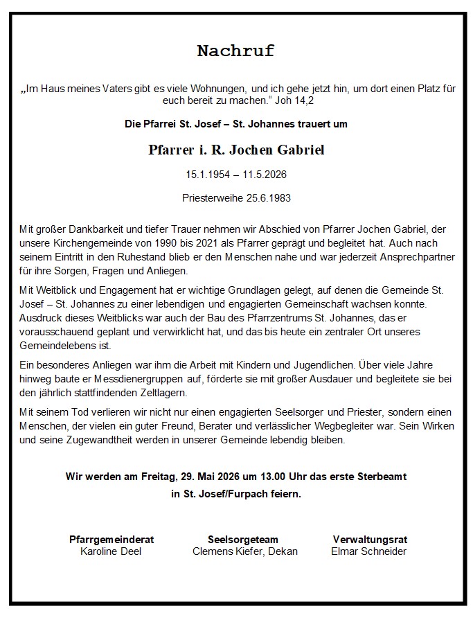 Nachruf zum Tod von Pfarrer Jochen Gabriel (c) Pfarrei St. Josef – St. Johannes Neunkirchen Nachruf zum Tod von Pfarrer Jochen Gabriel